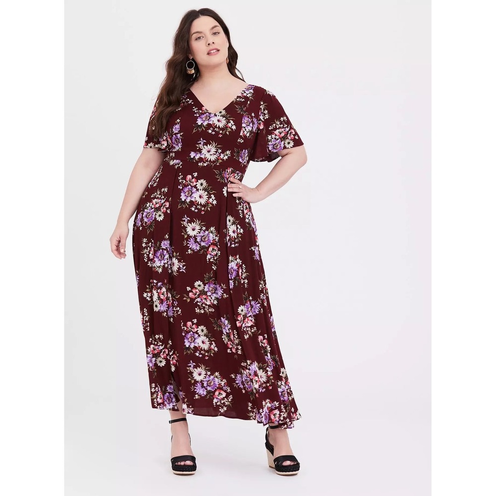Torrid Floral‎ Burgundy Short Sleeve Faux Wrap Maxi Dress Women's Plus Size 2X